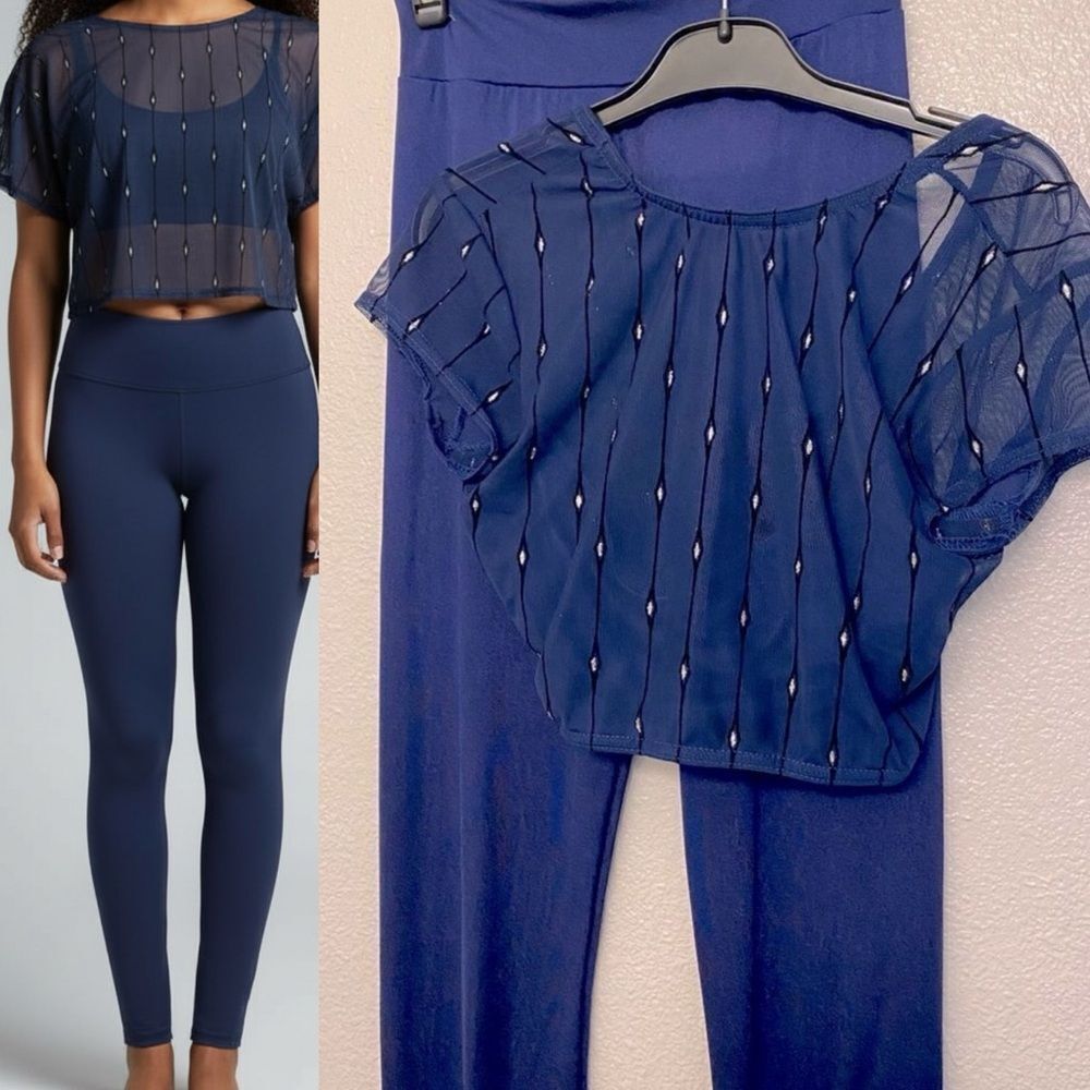 Kelle dance 2 piece blue mesh flocked crop top leggings pants light switch MA